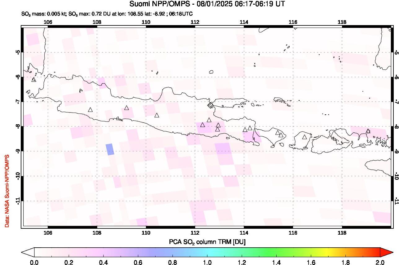 A sulfur dioxide image over Java, Indonesia on Aug 01, 2025.