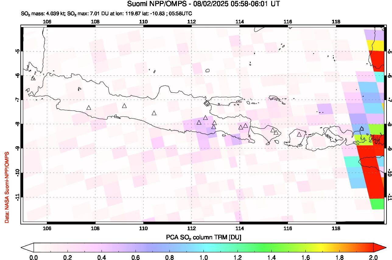 A sulfur dioxide image over Java, Indonesia on Aug 02, 2025.