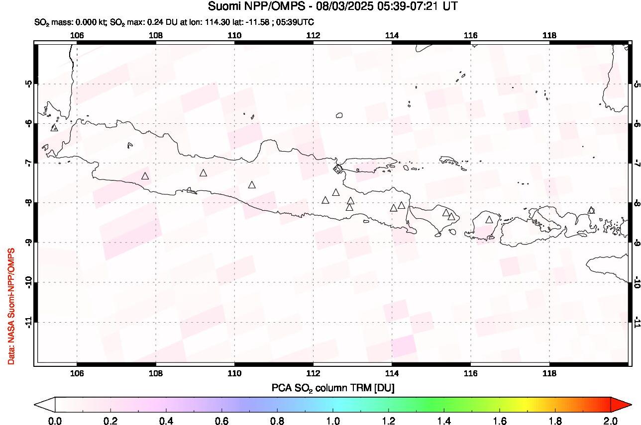 A sulfur dioxide image over Java, Indonesia on Aug 03, 2025.