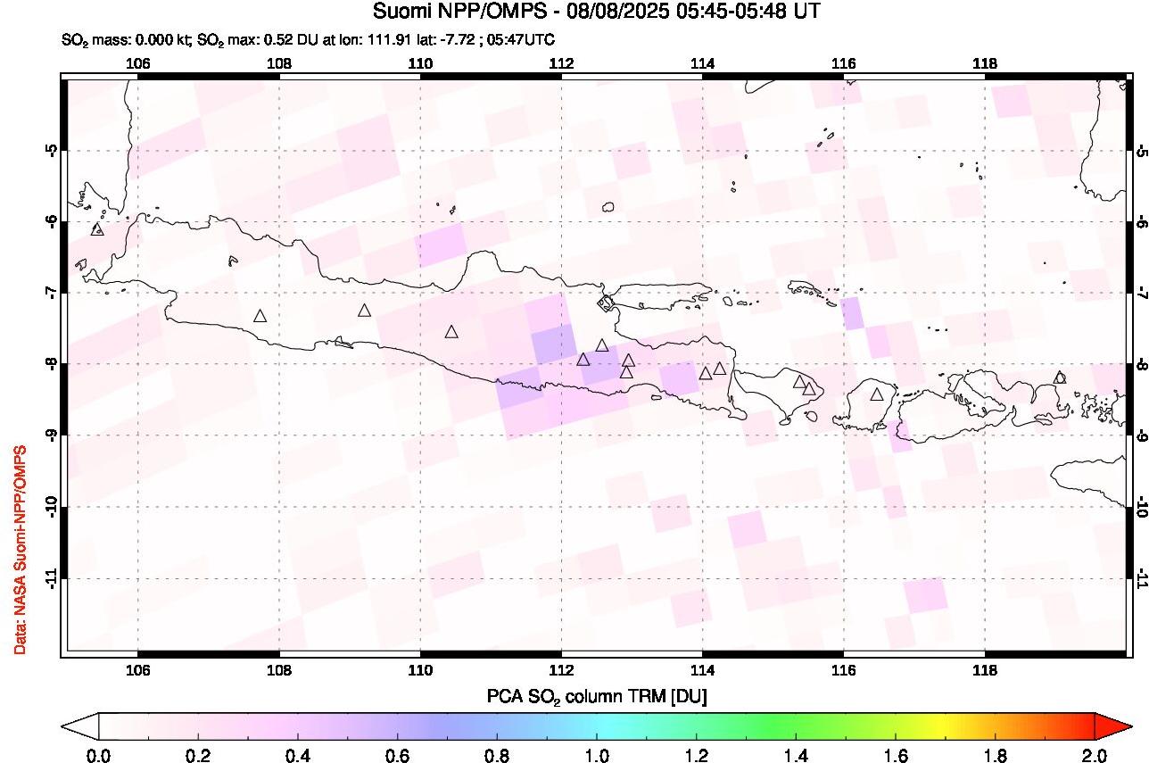 A sulfur dioxide image over Java, Indonesia on Aug 08, 2025.