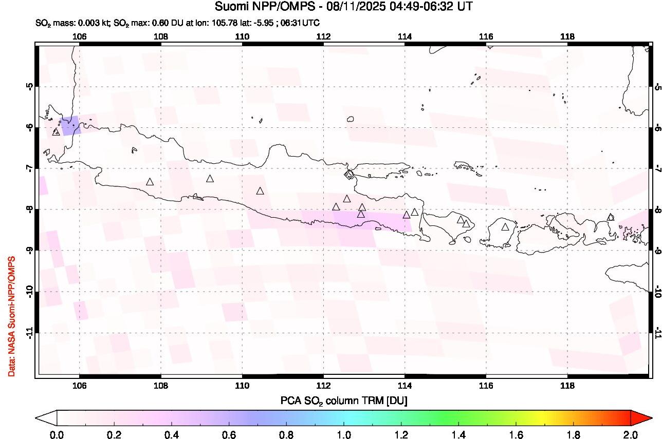 A sulfur dioxide image over Java, Indonesia on Aug 11, 2025.