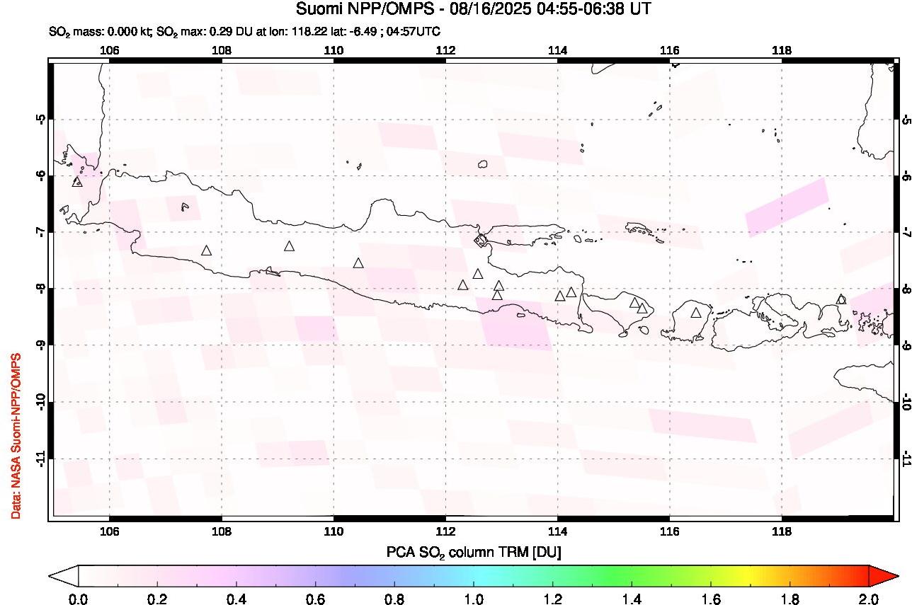 A sulfur dioxide image over Java, Indonesia on Aug 16, 2025.
