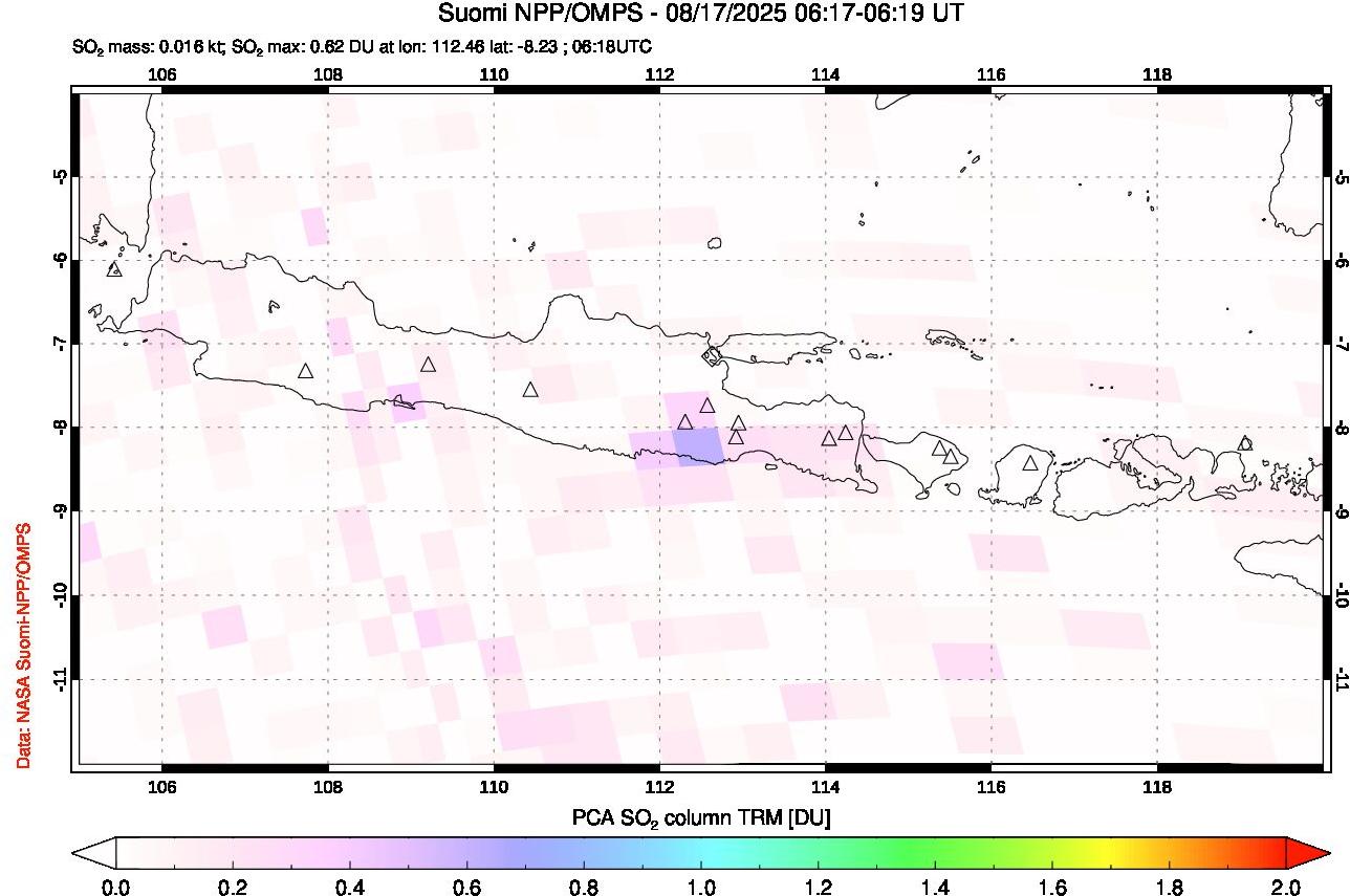A sulfur dioxide image over Java, Indonesia on Aug 17, 2025.