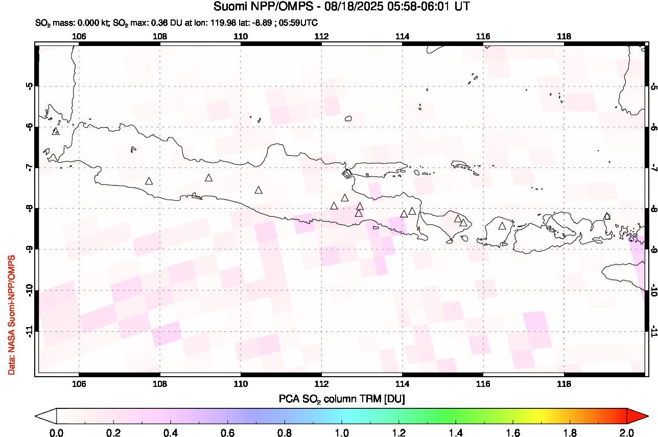 A sulfur dioxide image over Java, Indonesia on Aug 18, 2025.
