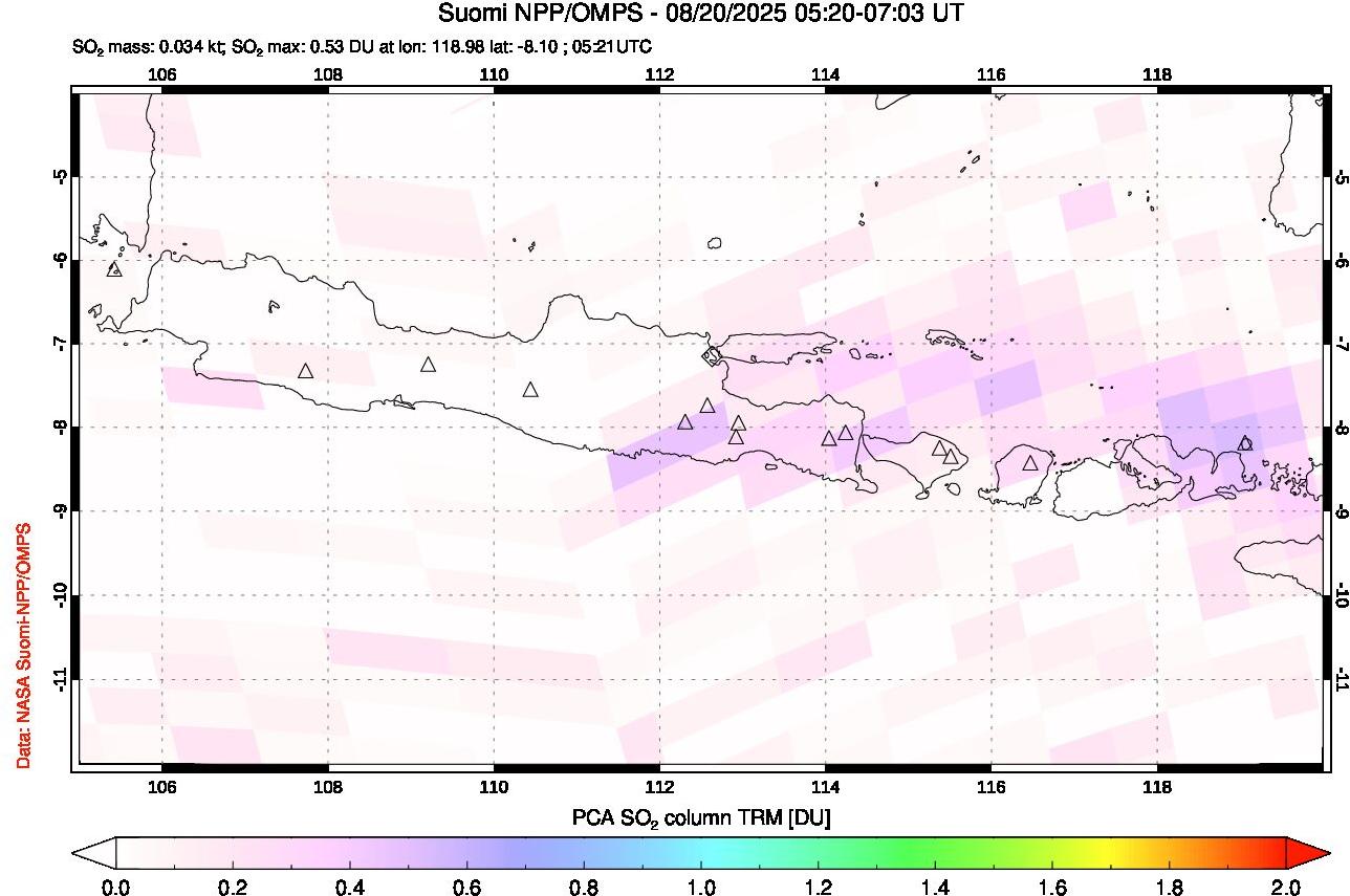 A sulfur dioxide image over Java, Indonesia on Aug 20, 2025.