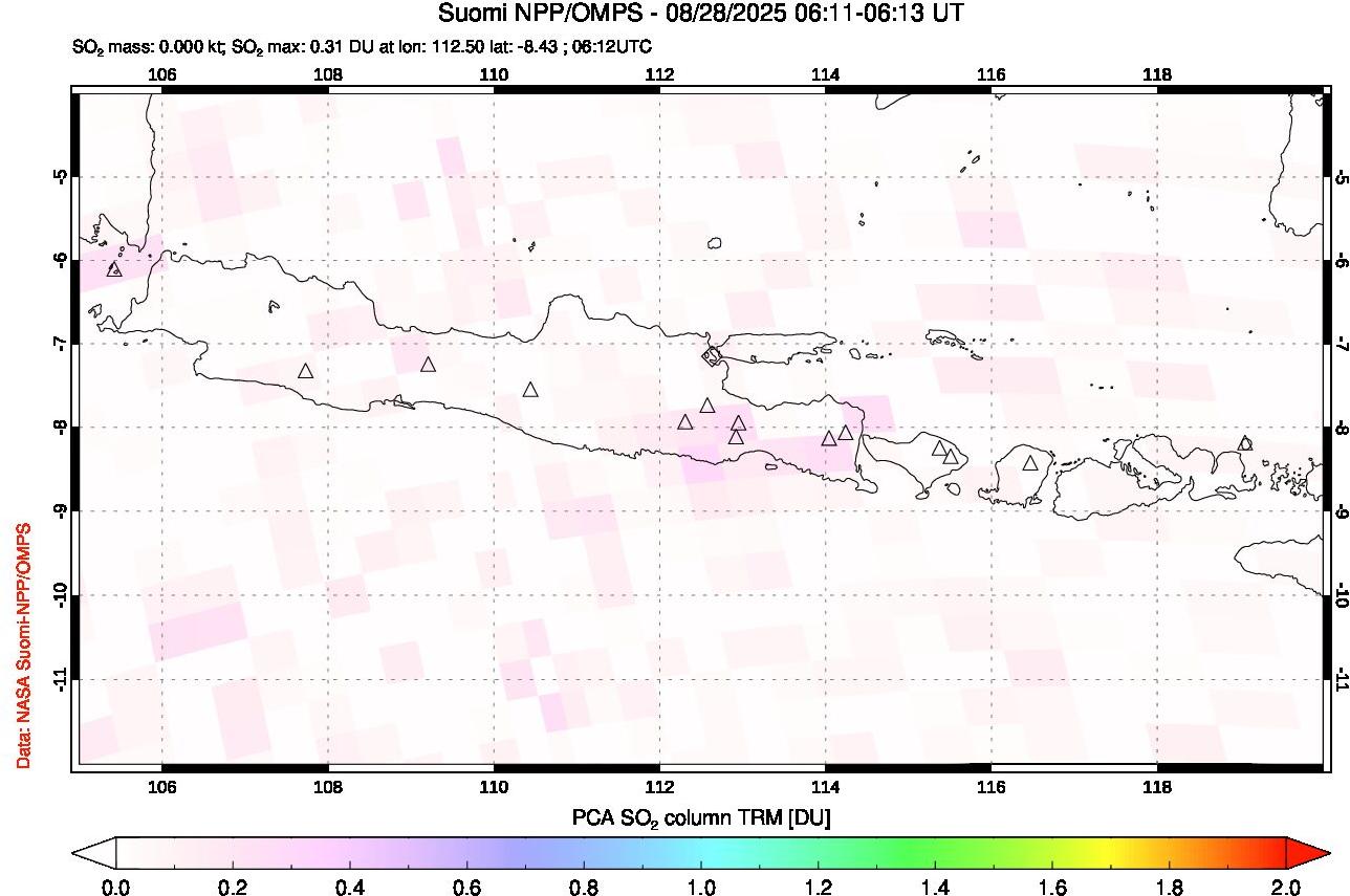 A sulfur dioxide image over Java, Indonesia on Aug 28, 2025.