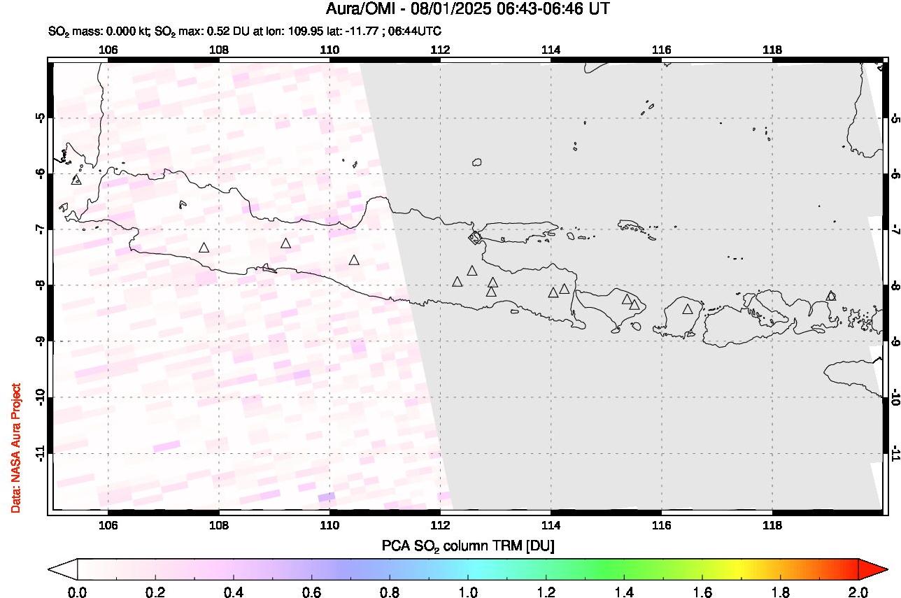 A sulfur dioxide image over Java, Indonesia on Aug 01, 2025.