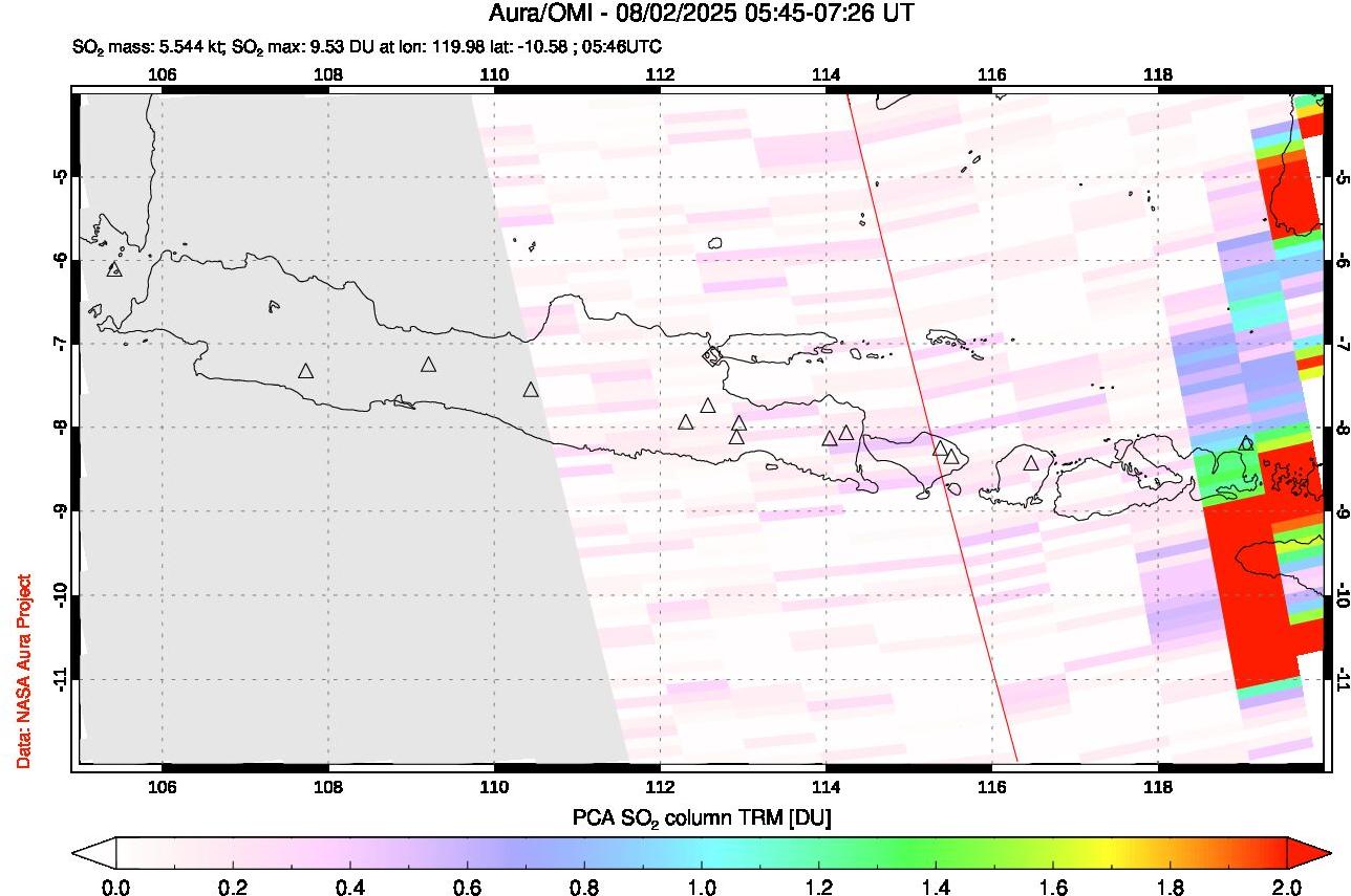A sulfur dioxide image over Java, Indonesia on Aug 02, 2025.