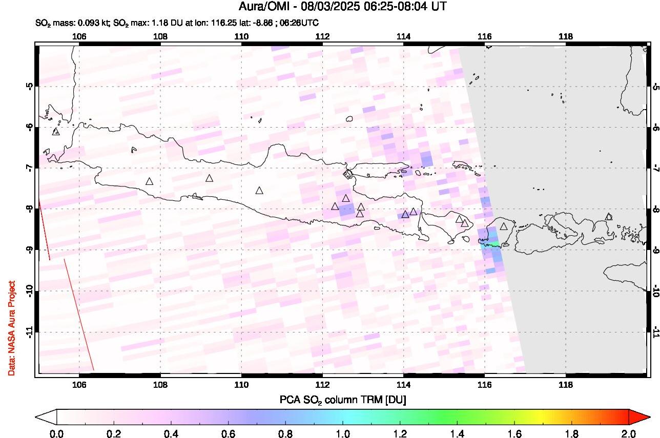 A sulfur dioxide image over Java, Indonesia on Aug 03, 2025.