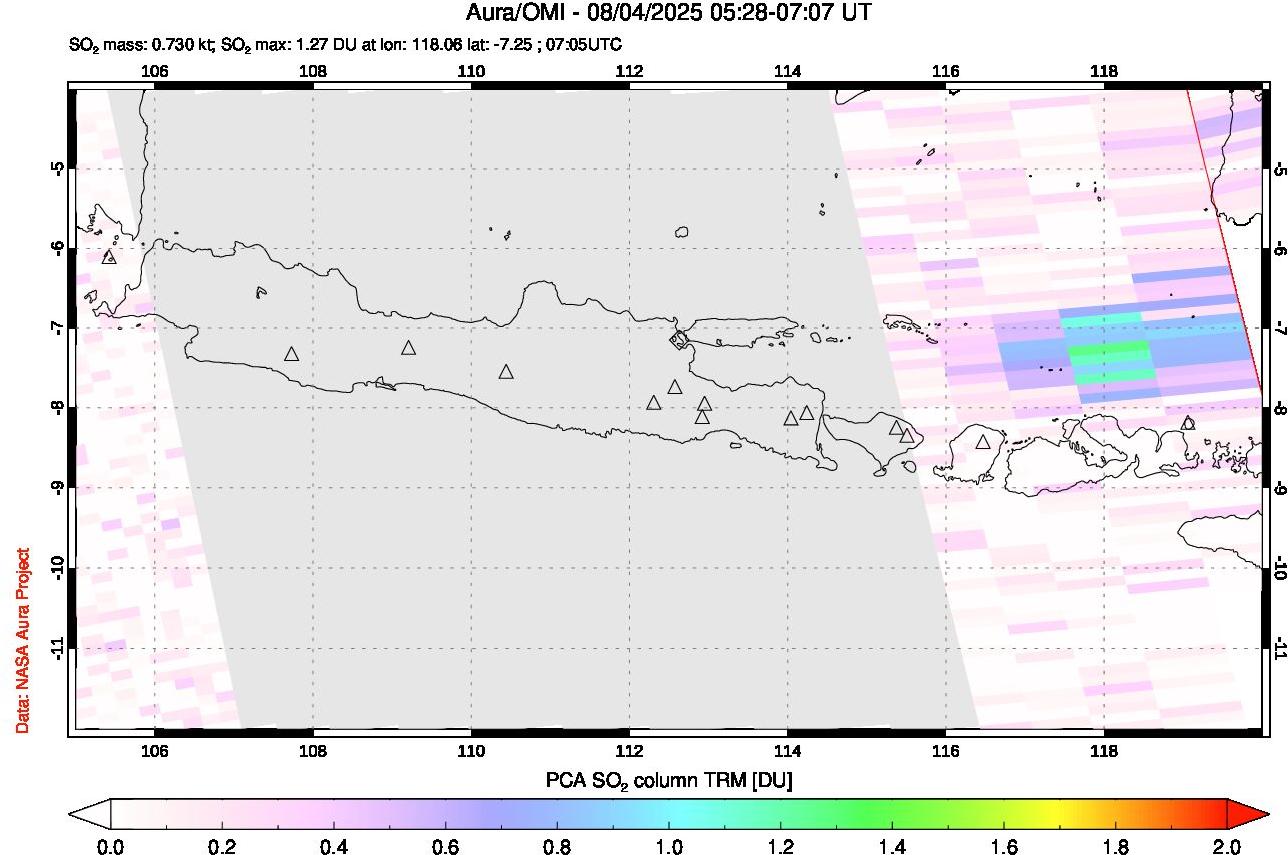 A sulfur dioxide image over Java, Indonesia on Aug 04, 2025.