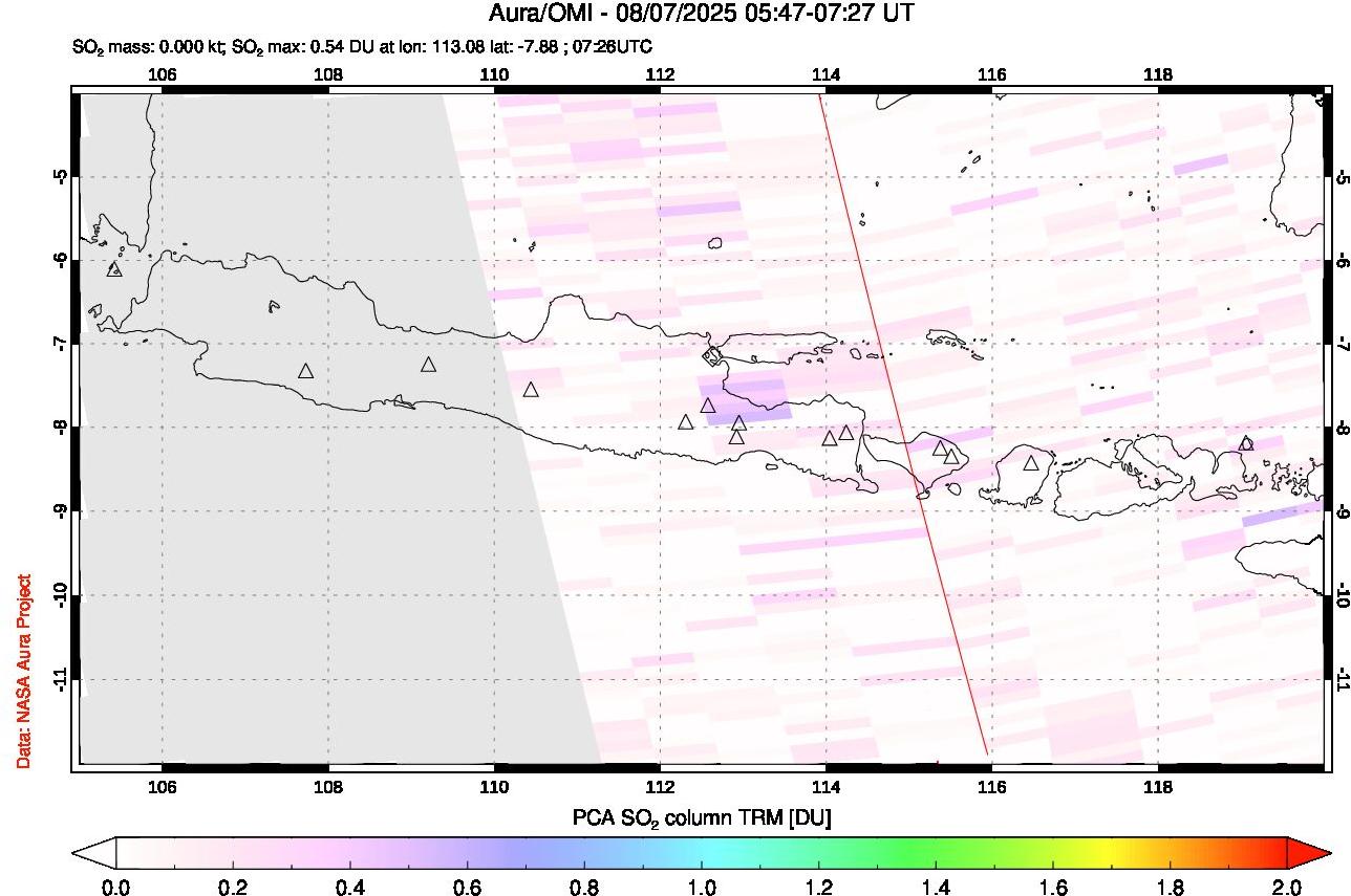 A sulfur dioxide image over Java, Indonesia on Aug 07, 2025.
