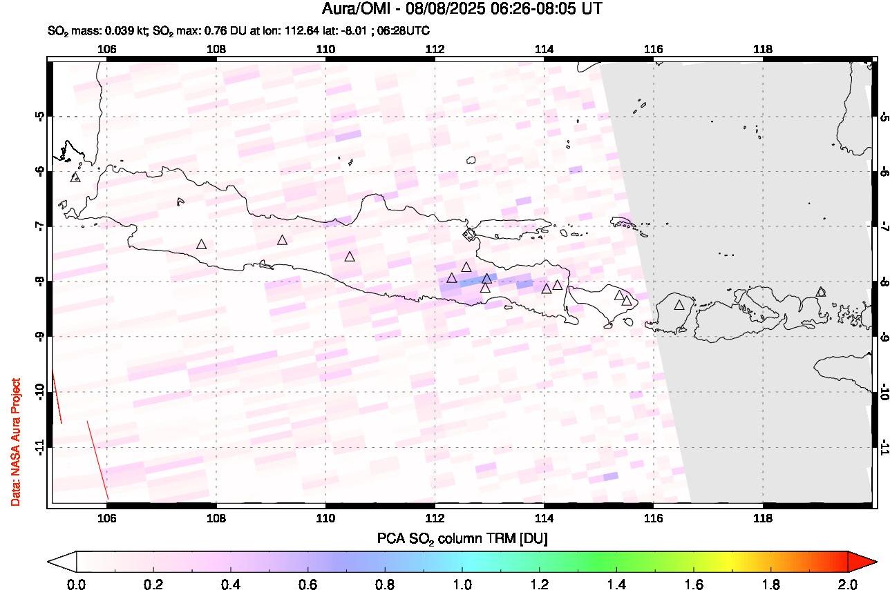 A sulfur dioxide image over Java, Indonesia on Aug 08, 2025.