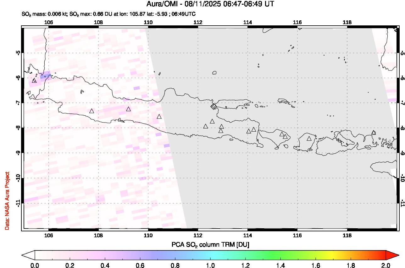 A sulfur dioxide image over Java, Indonesia on Aug 11, 2025.