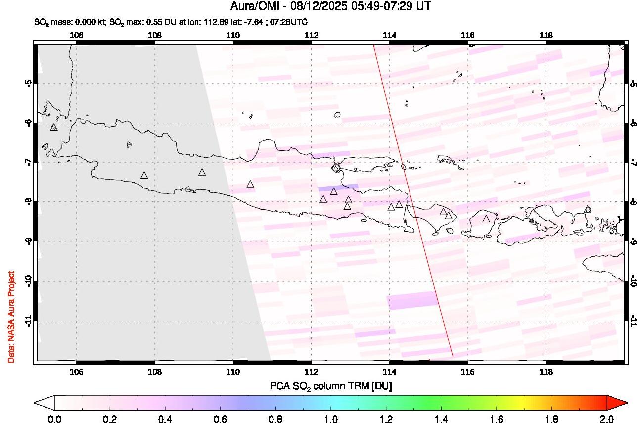 A sulfur dioxide image over Java, Indonesia on Aug 12, 2025.