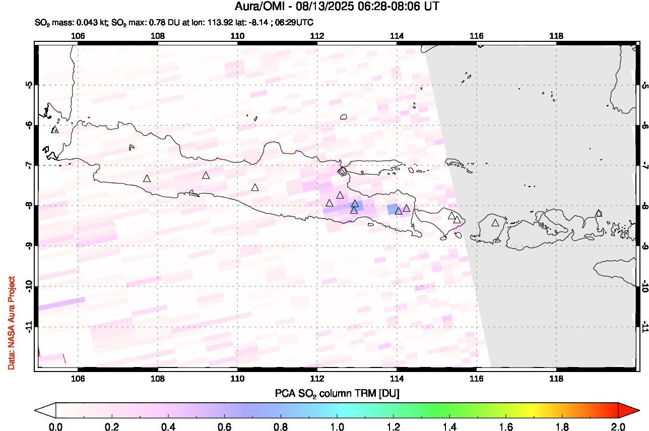 A sulfur dioxide image over Java, Indonesia on Aug 13, 2025.