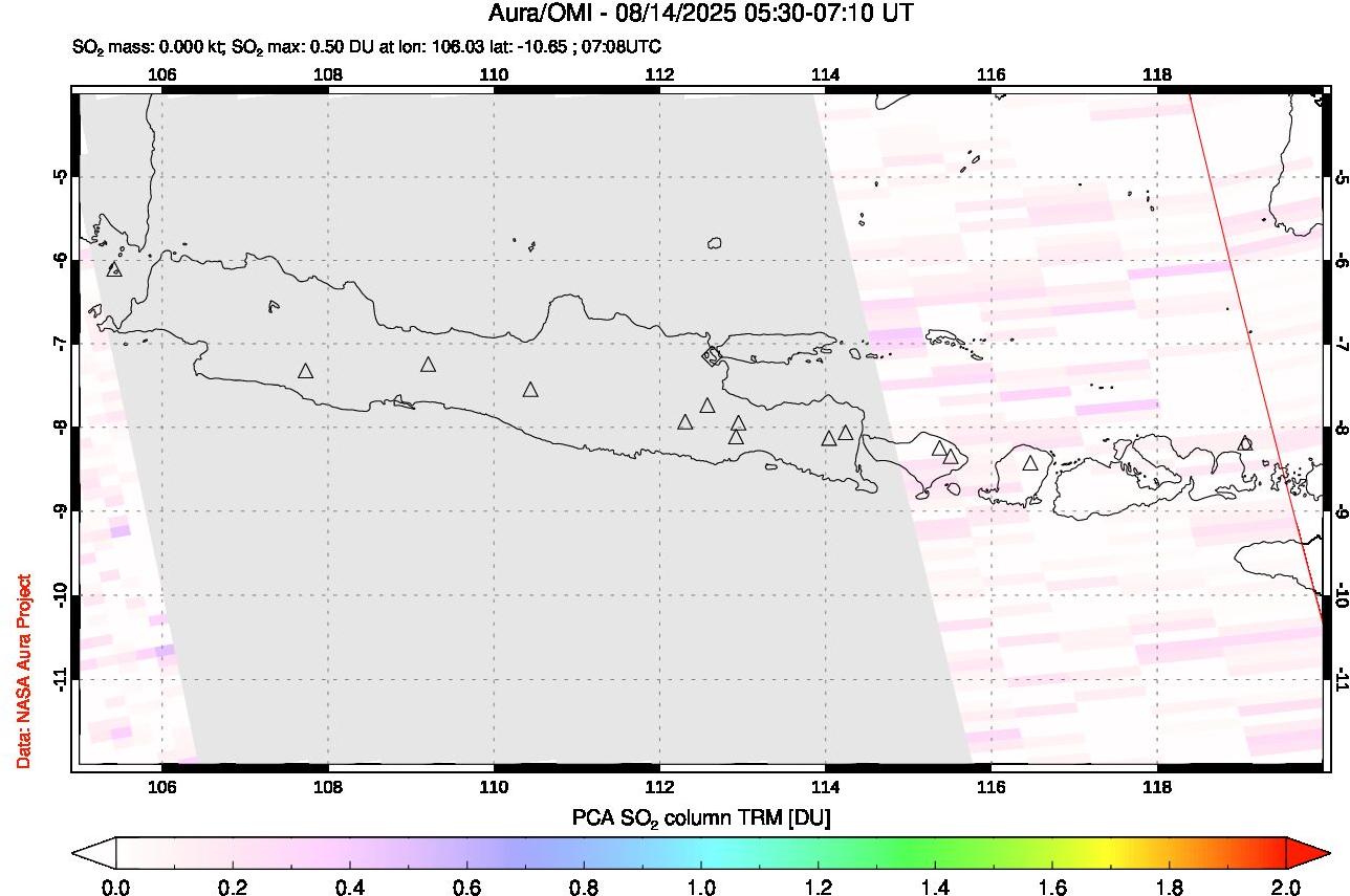 A sulfur dioxide image over Java, Indonesia on Aug 14, 2025.