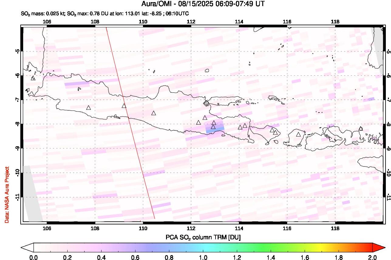 A sulfur dioxide image over Java, Indonesia on Aug 15, 2025.