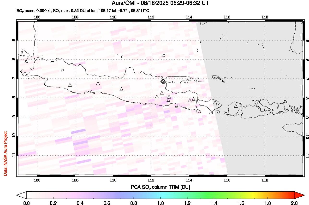 A sulfur dioxide image over Java, Indonesia on Aug 18, 2025.