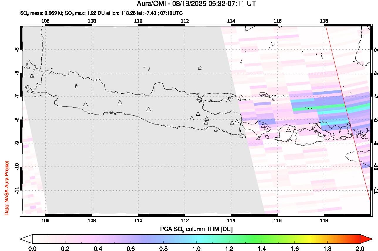 A sulfur dioxide image over Java, Indonesia on Aug 19, 2025.