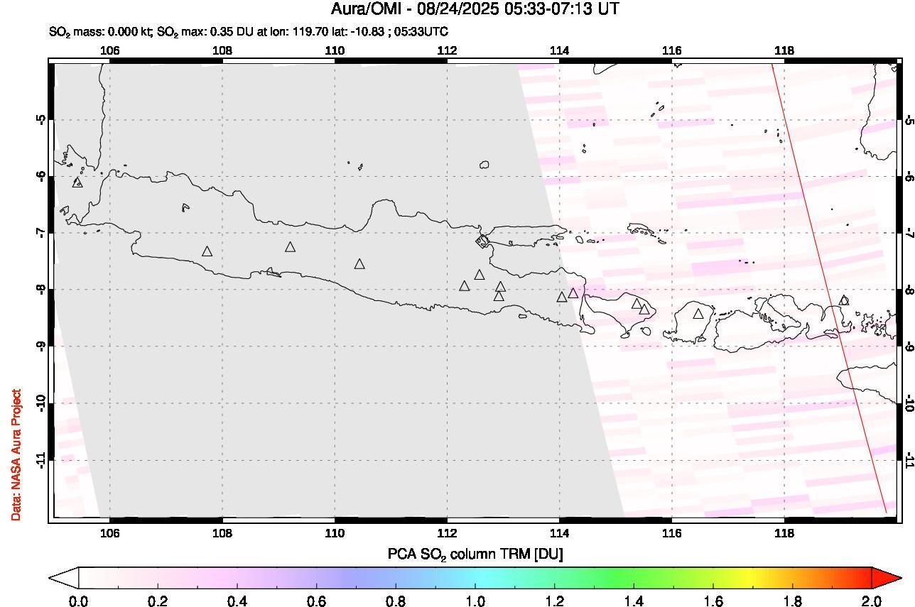 A sulfur dioxide image over Java, Indonesia on Aug 24, 2025.