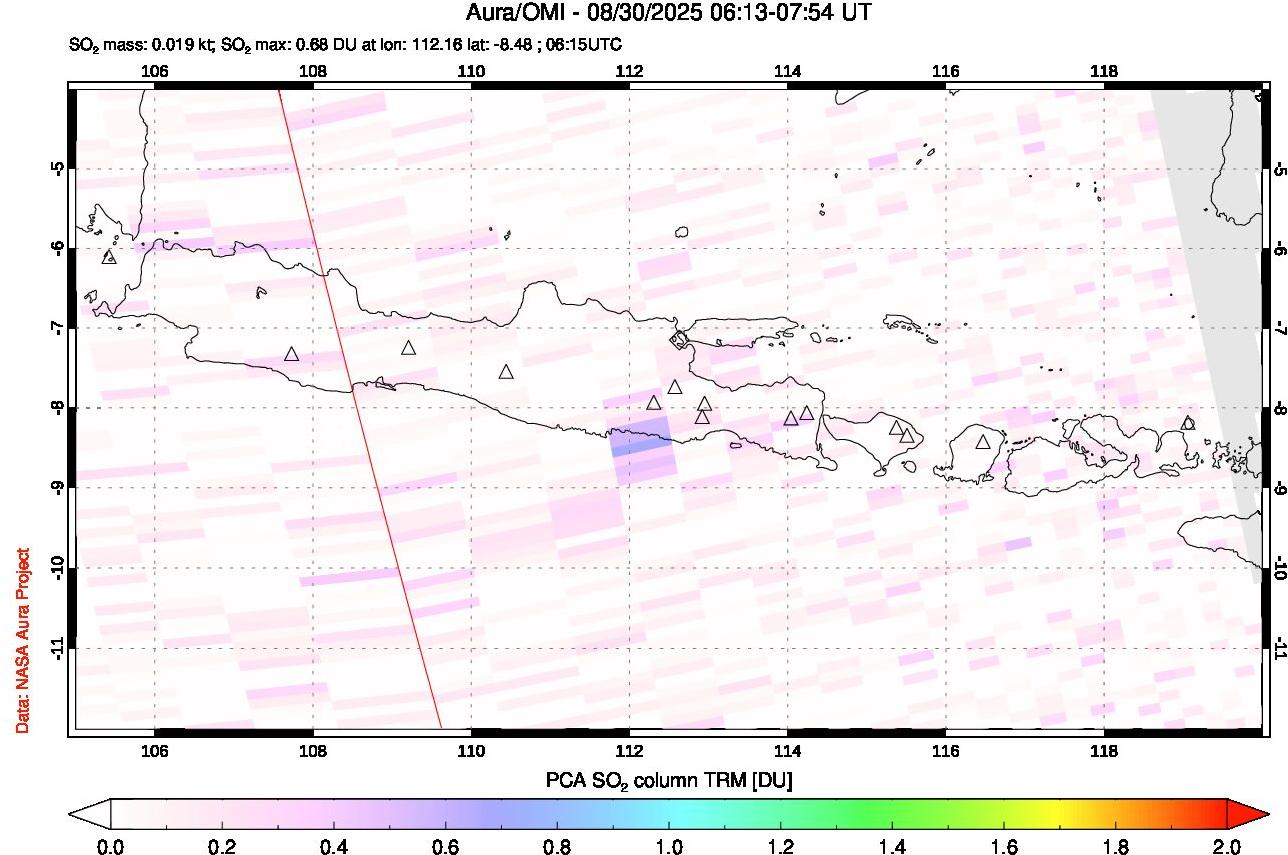 A sulfur dioxide image over Java, Indonesia on Aug 30, 2025.