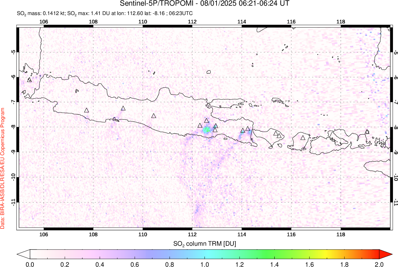 A sulfur dioxide image over Java, Indonesia on Aug 01, 2025.