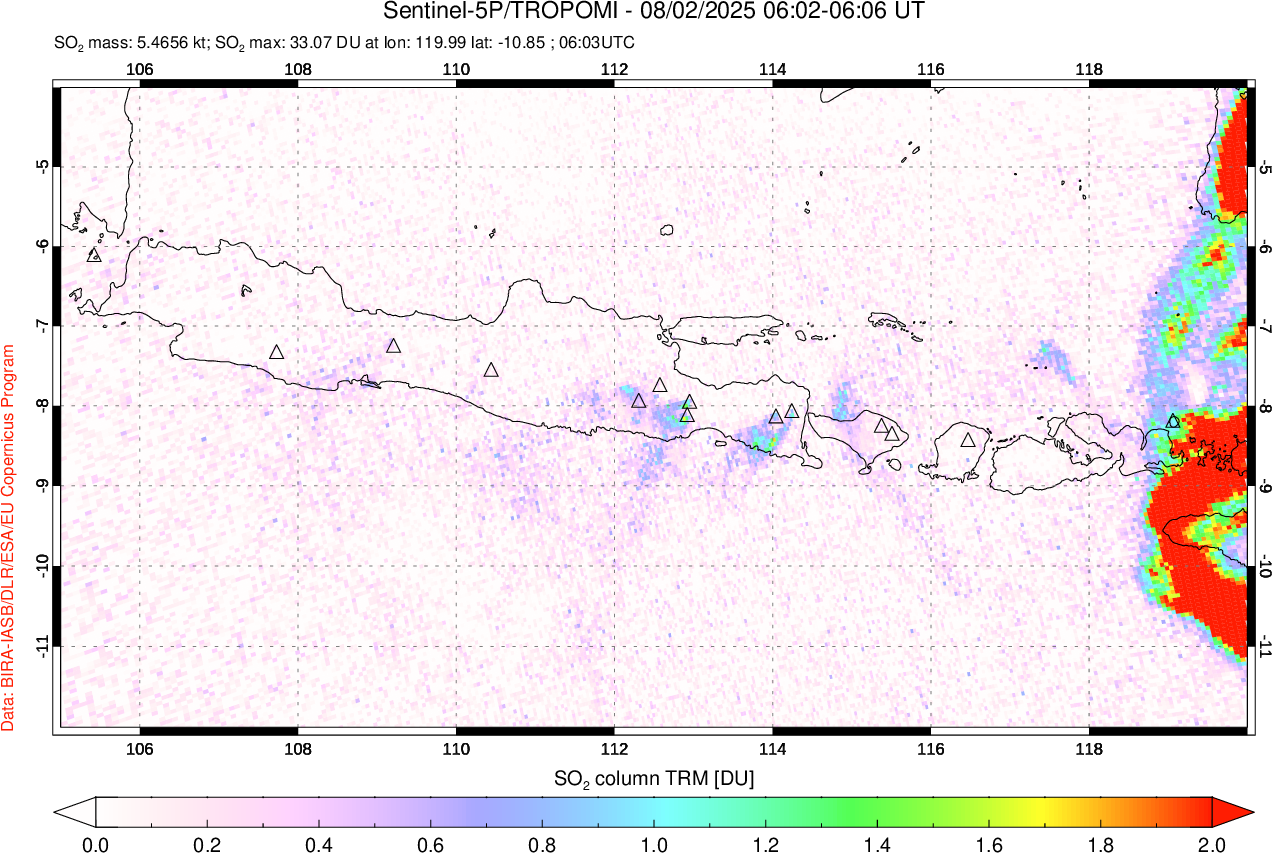 A sulfur dioxide image over Java, Indonesia on Aug 02, 2025.