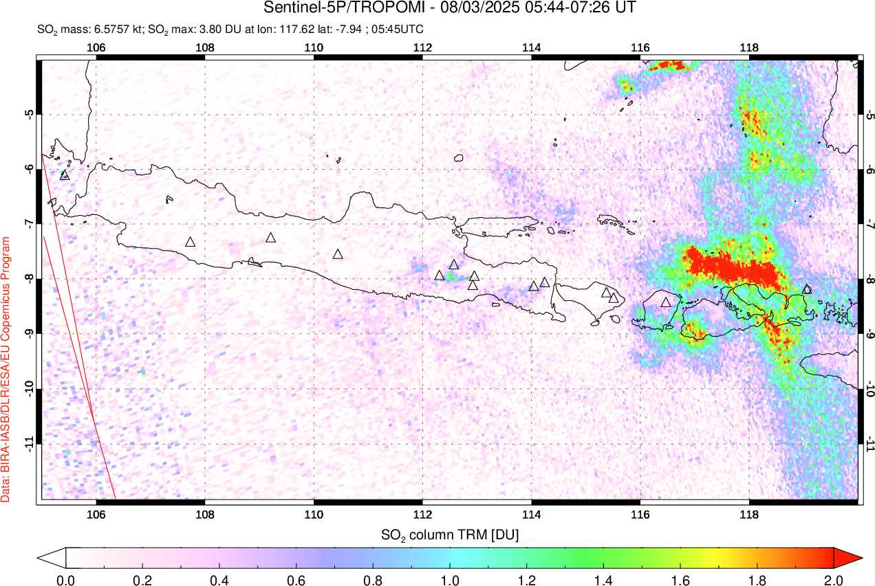 A sulfur dioxide image over Java, Indonesia on Aug 03, 2025.