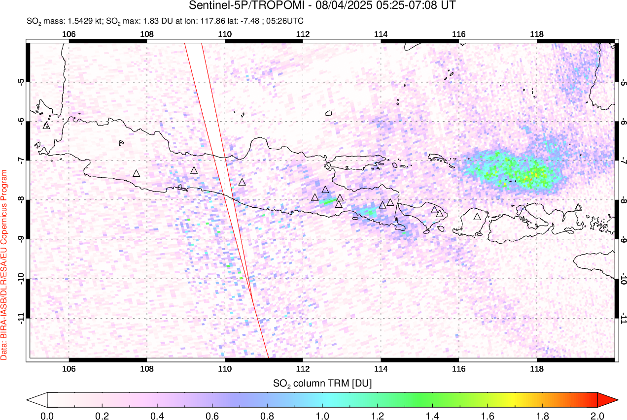 A sulfur dioxide image over Java, Indonesia on Aug 04, 2025.