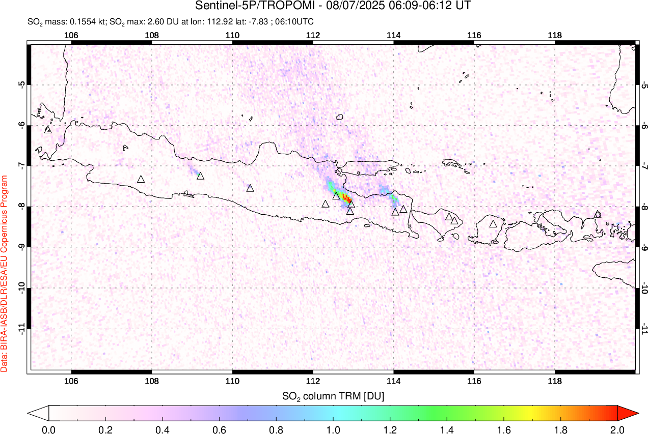 A sulfur dioxide image over Java, Indonesia on Aug 07, 2025.