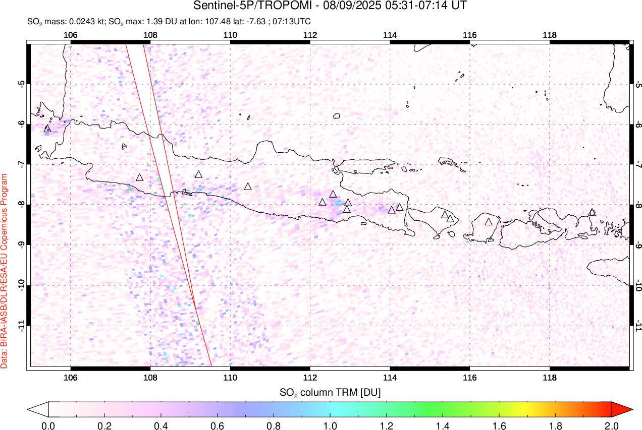 A sulfur dioxide image over Java, Indonesia on Aug 09, 2025.