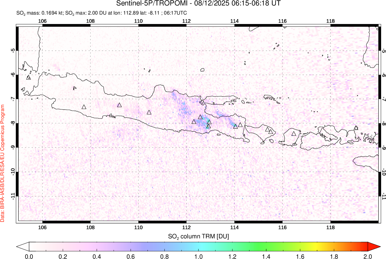 A sulfur dioxide image over Java, Indonesia on Aug 12, 2025.