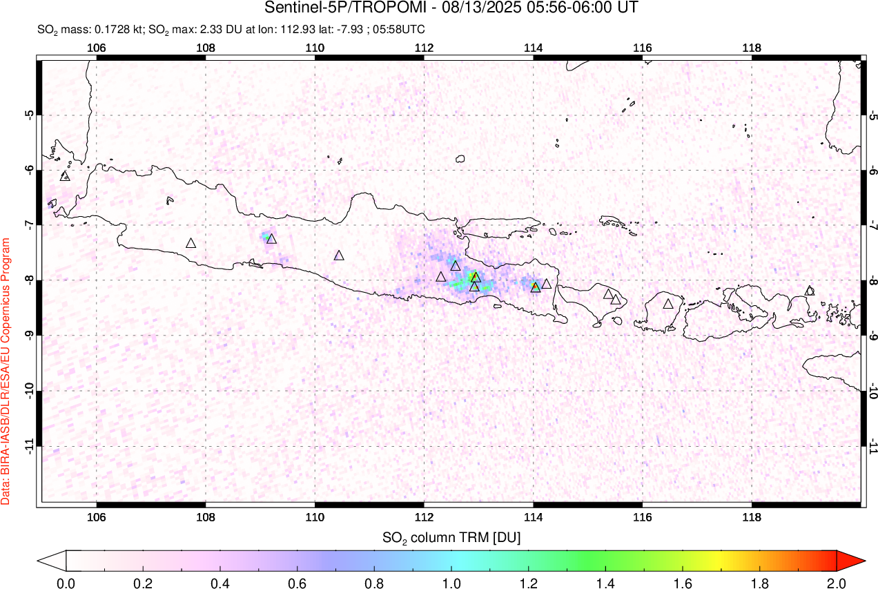 A sulfur dioxide image over Java, Indonesia on Aug 13, 2025.
