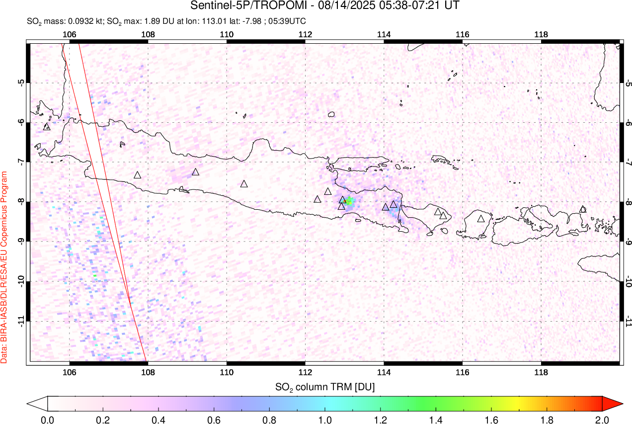 A sulfur dioxide image over Java, Indonesia on Aug 14, 2025.