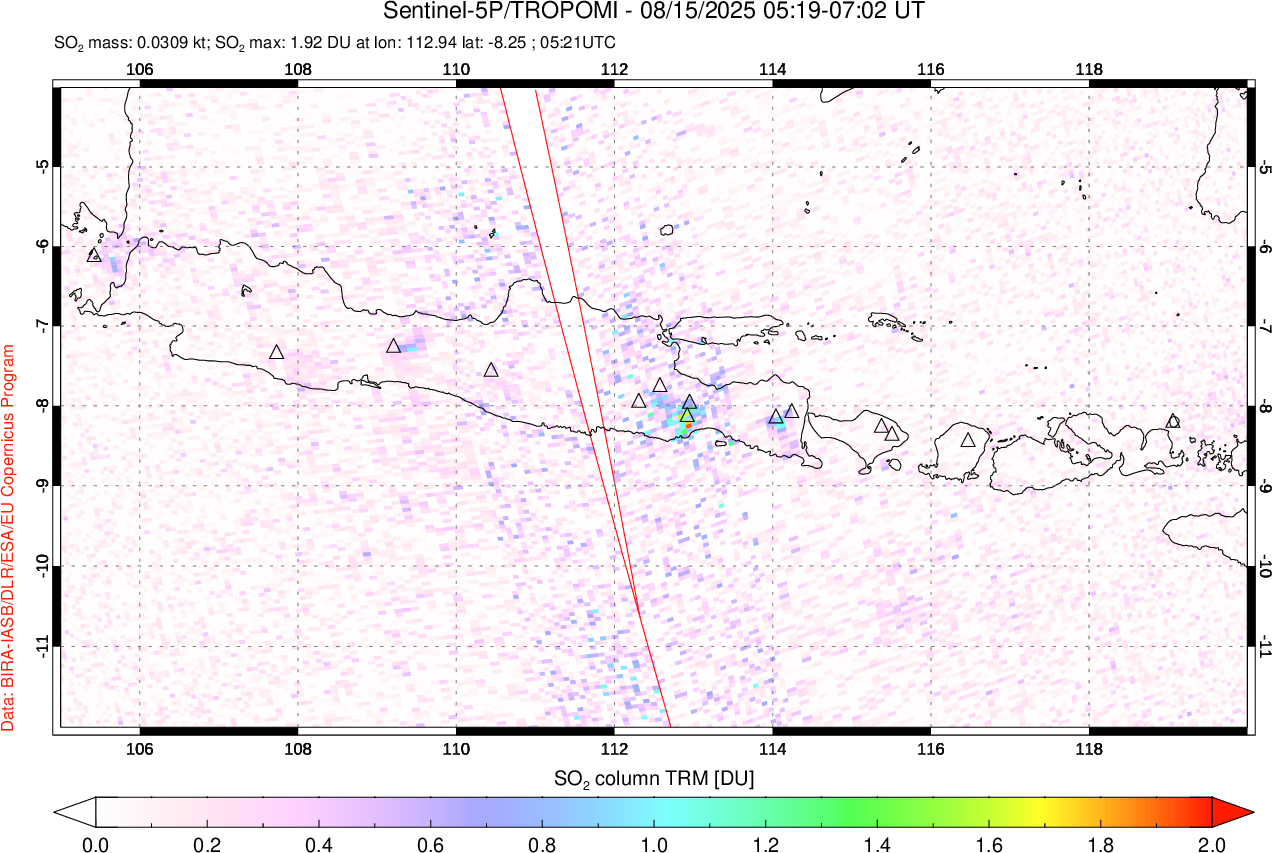 A sulfur dioxide image over Java, Indonesia on Aug 15, 2025.