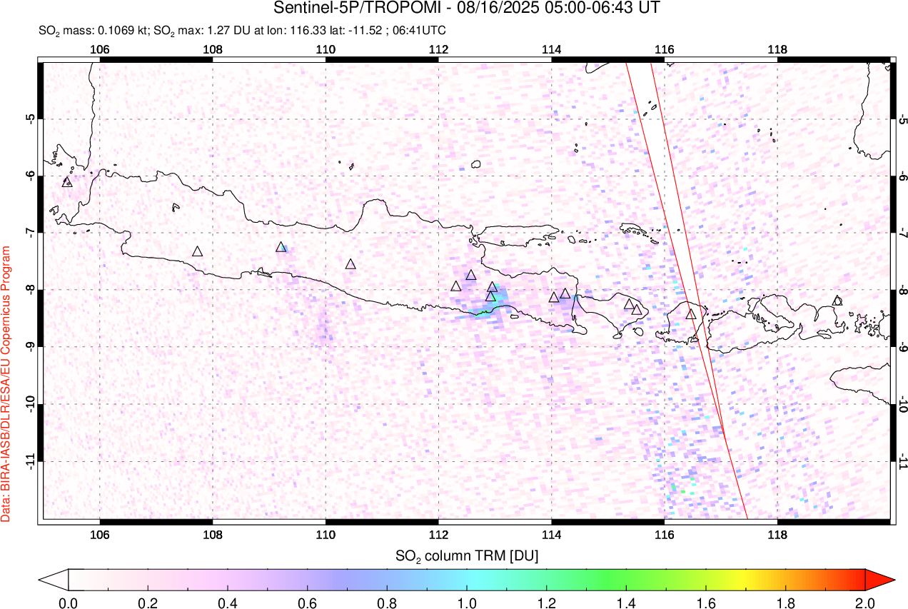 A sulfur dioxide image over Java, Indonesia on Aug 16, 2025.