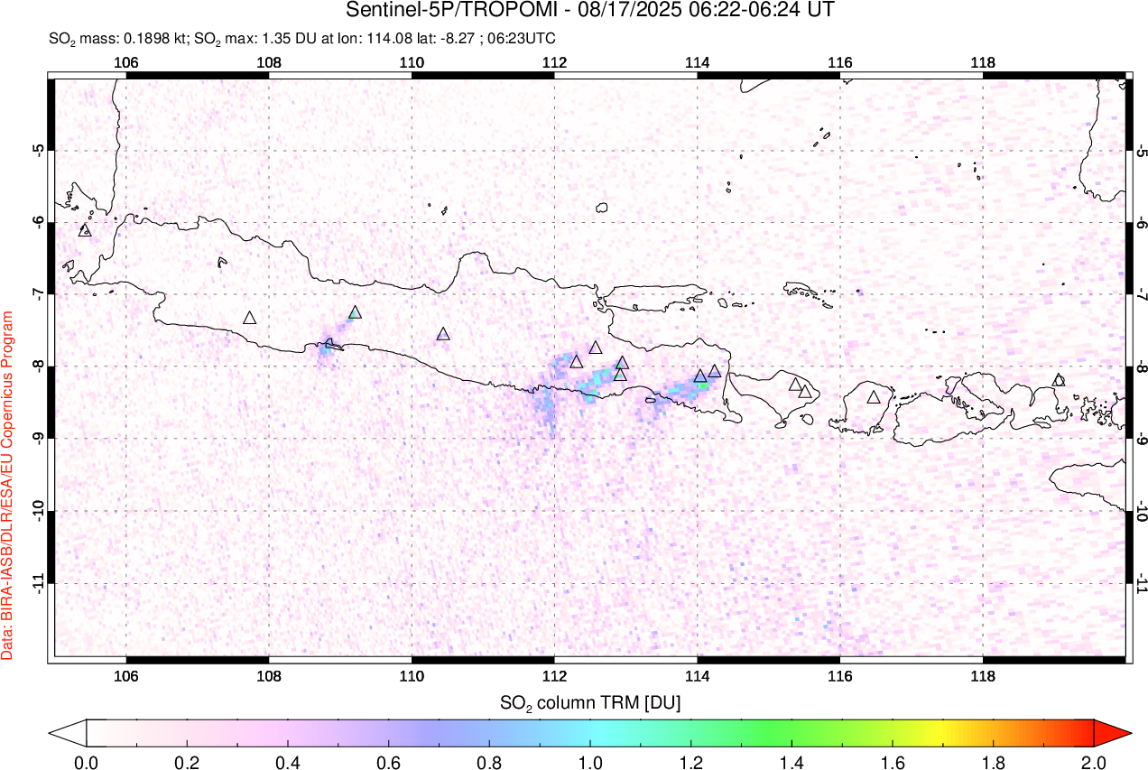 A sulfur dioxide image over Java, Indonesia on Aug 17, 2025.