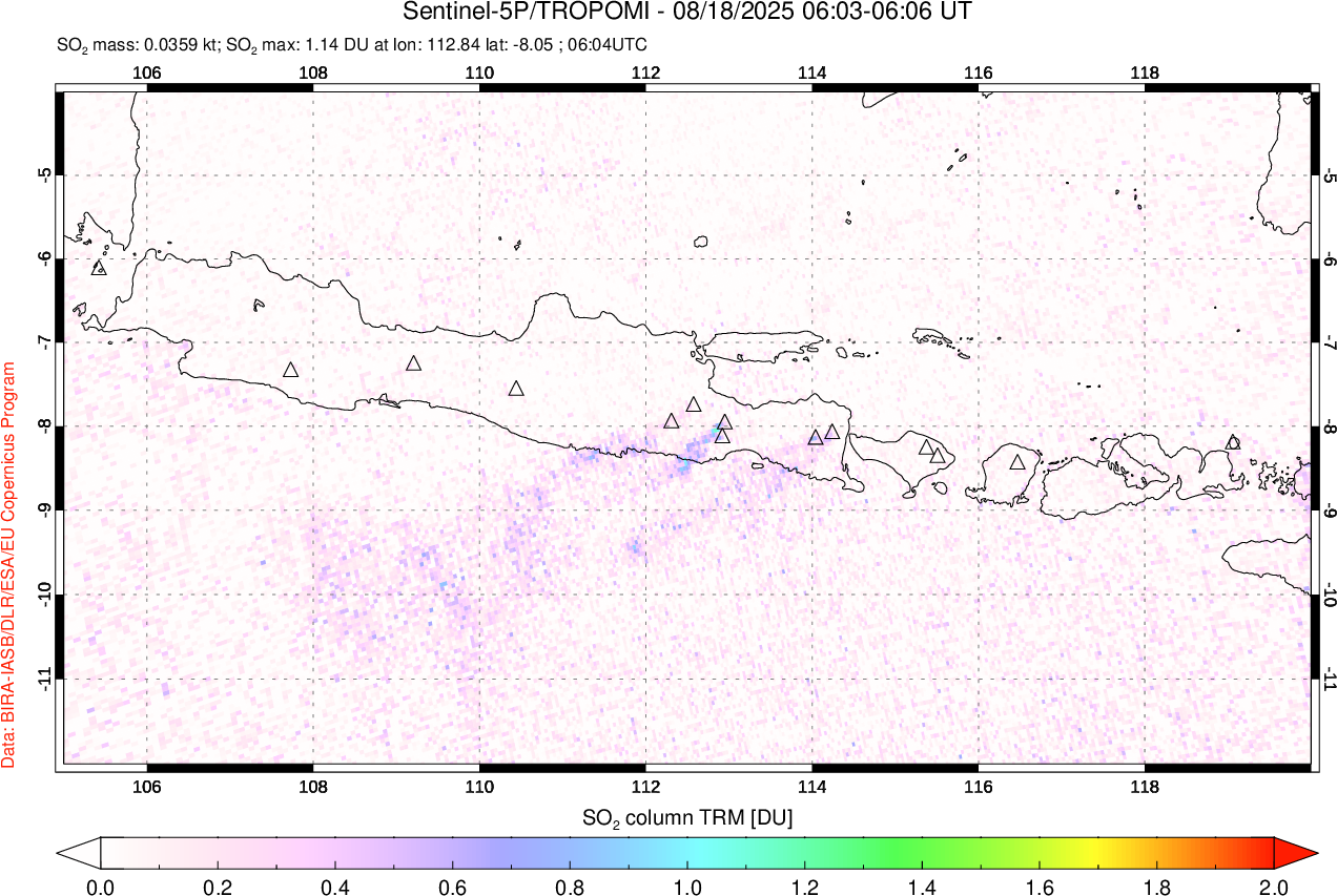 A sulfur dioxide image over Java, Indonesia on Aug 18, 2025.