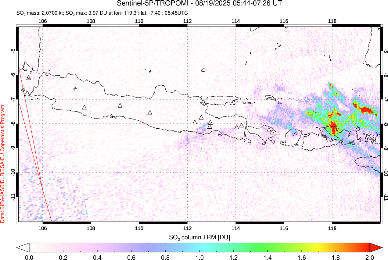 A sulfur dioxide image over Java, Indonesia on Aug 19, 2025.