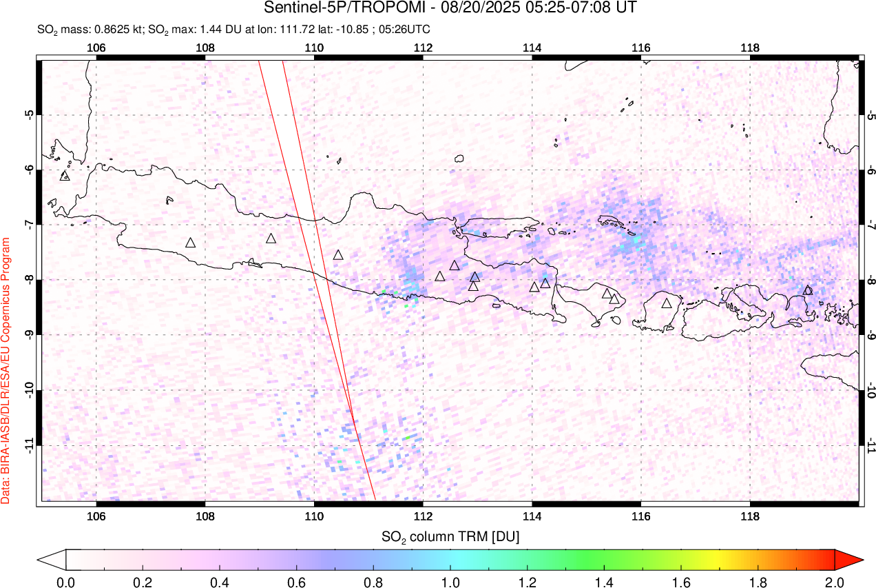 A sulfur dioxide image over Java, Indonesia on Aug 20, 2025.