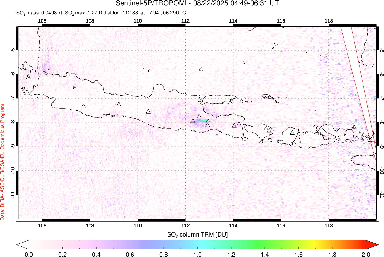 A sulfur dioxide image over Java, Indonesia on Aug 22, 2025.