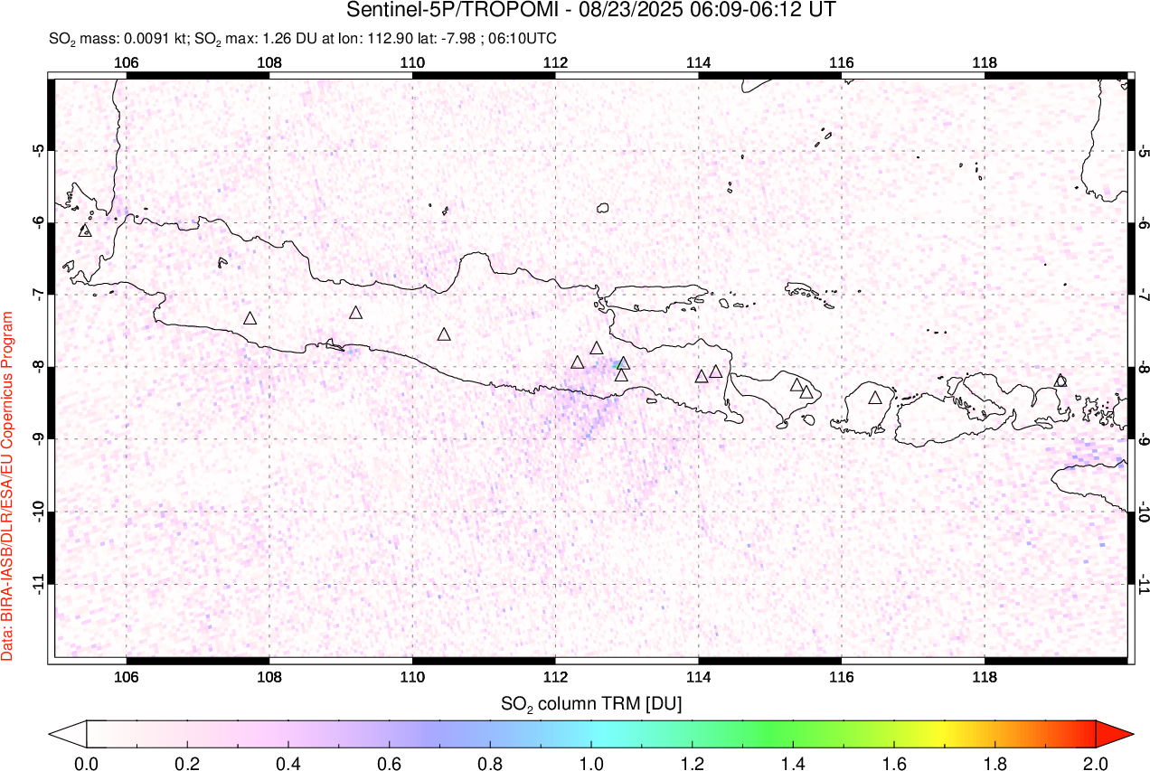 A sulfur dioxide image over Java, Indonesia on Aug 23, 2025.