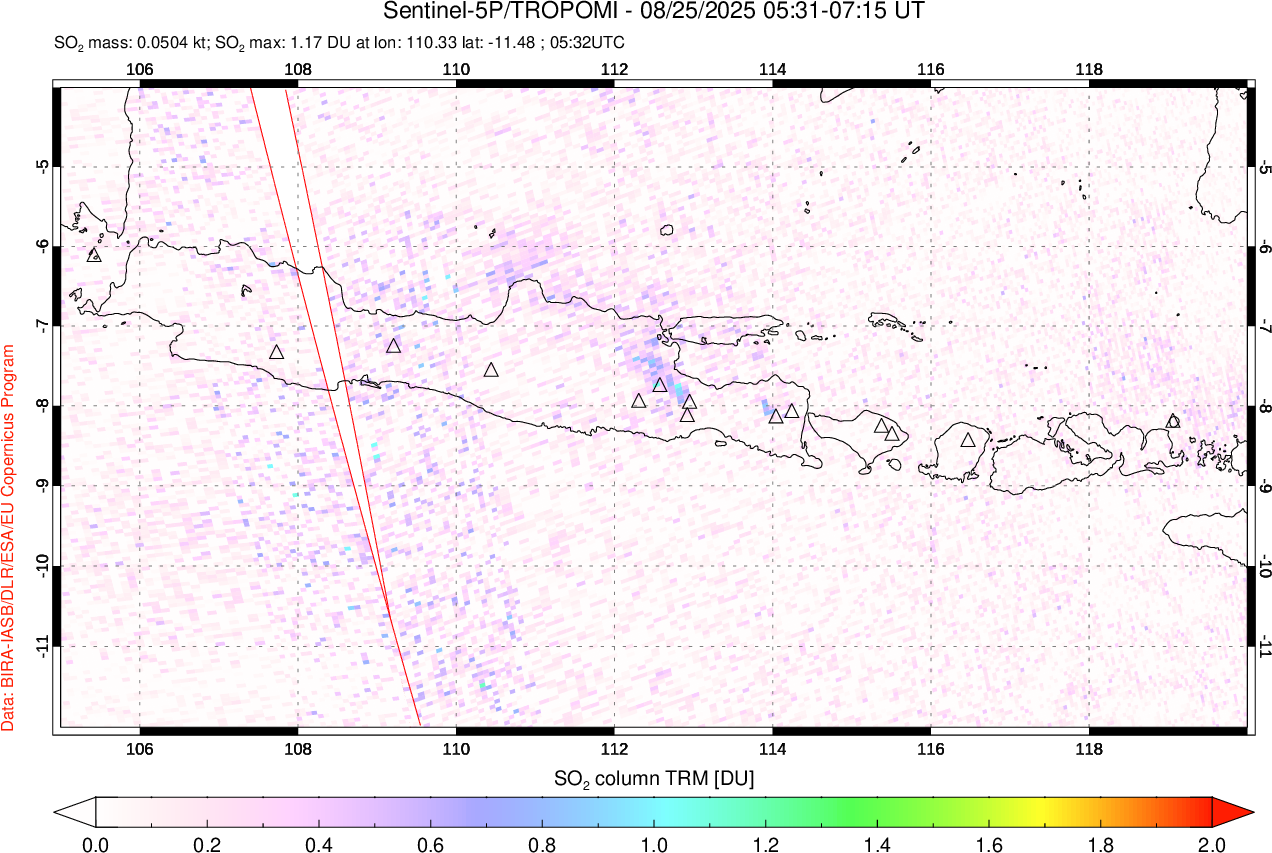 A sulfur dioxide image over Java, Indonesia on Aug 25, 2025.