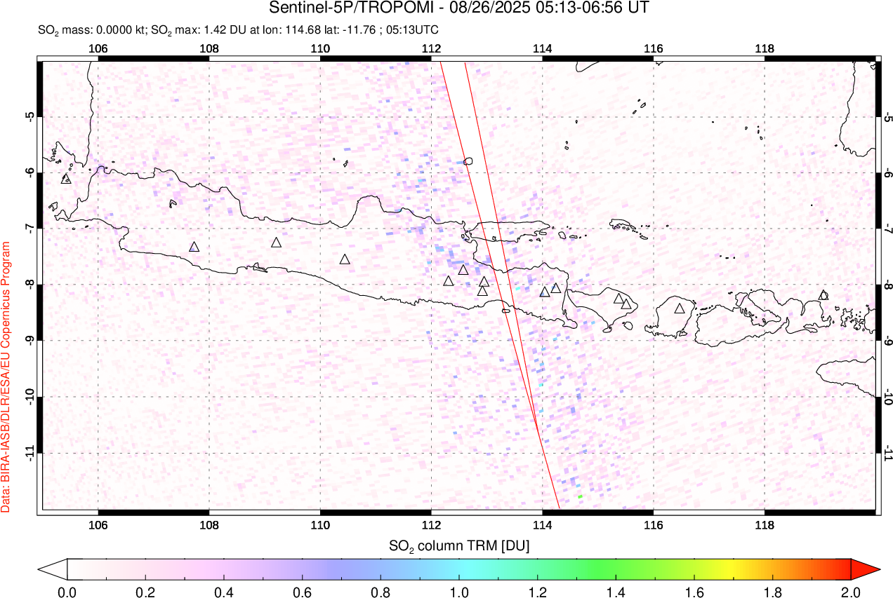 A sulfur dioxide image over Java, Indonesia on Aug 26, 2025.