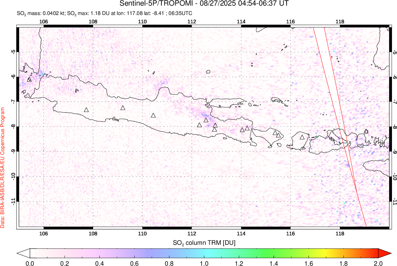 A sulfur dioxide image over Java, Indonesia on Aug 27, 2025.