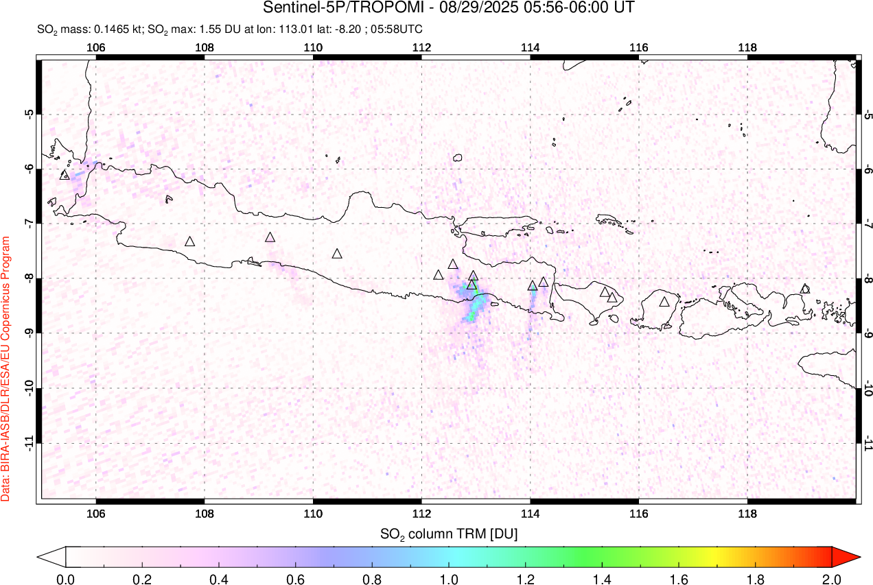 A sulfur dioxide image over Java, Indonesia on Aug 29, 2025.