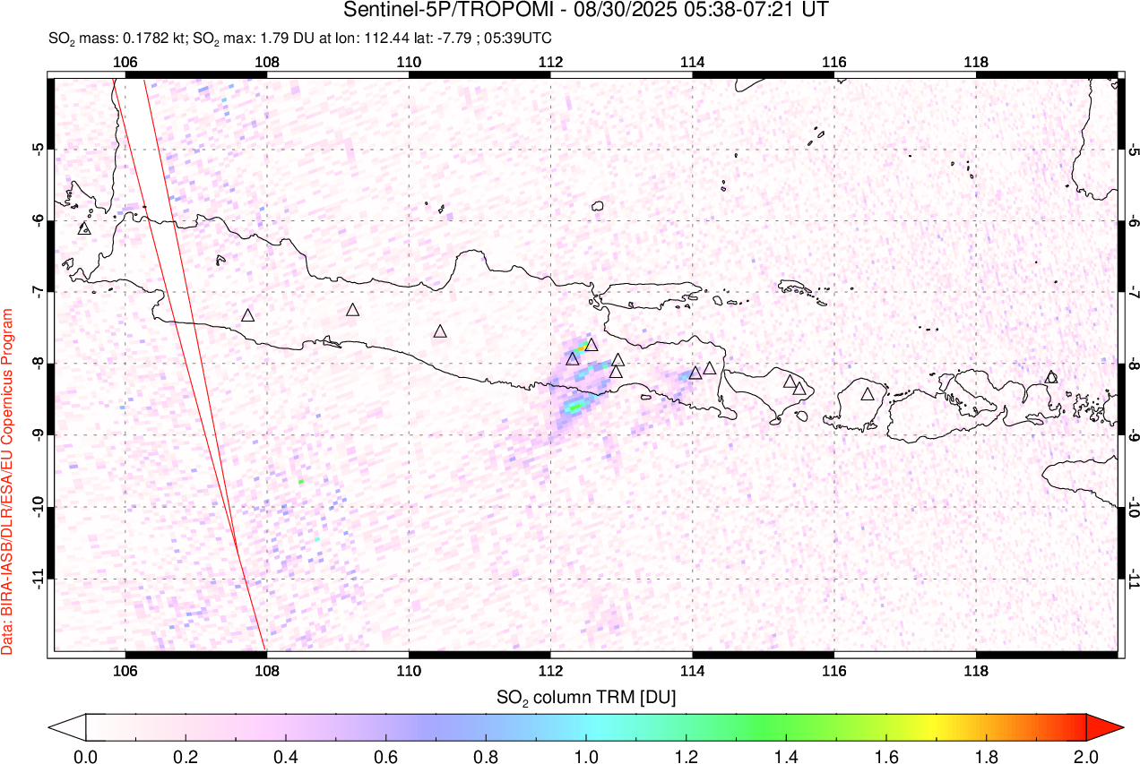 A sulfur dioxide image over Java, Indonesia on Aug 30, 2025.