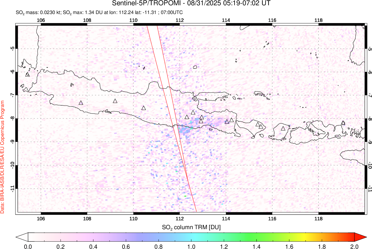 A sulfur dioxide image over Java, Indonesia on Aug 31, 2025.