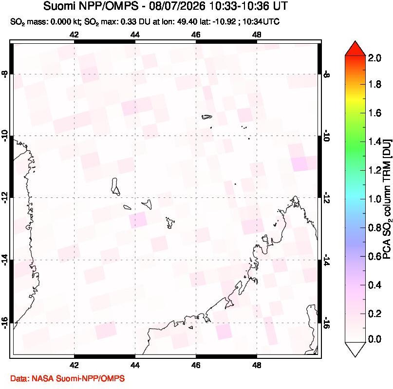 A sulfur dioxide image over Comoro Islands on Aug 07, 2026.