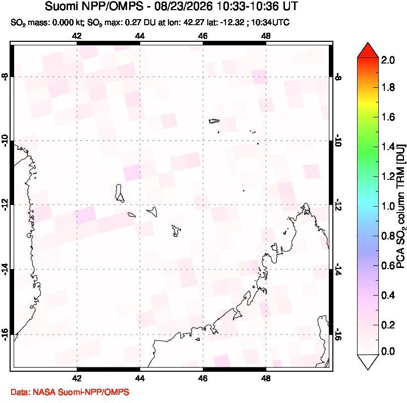 A sulfur dioxide image over Comoro Islands on Aug 23, 2026.